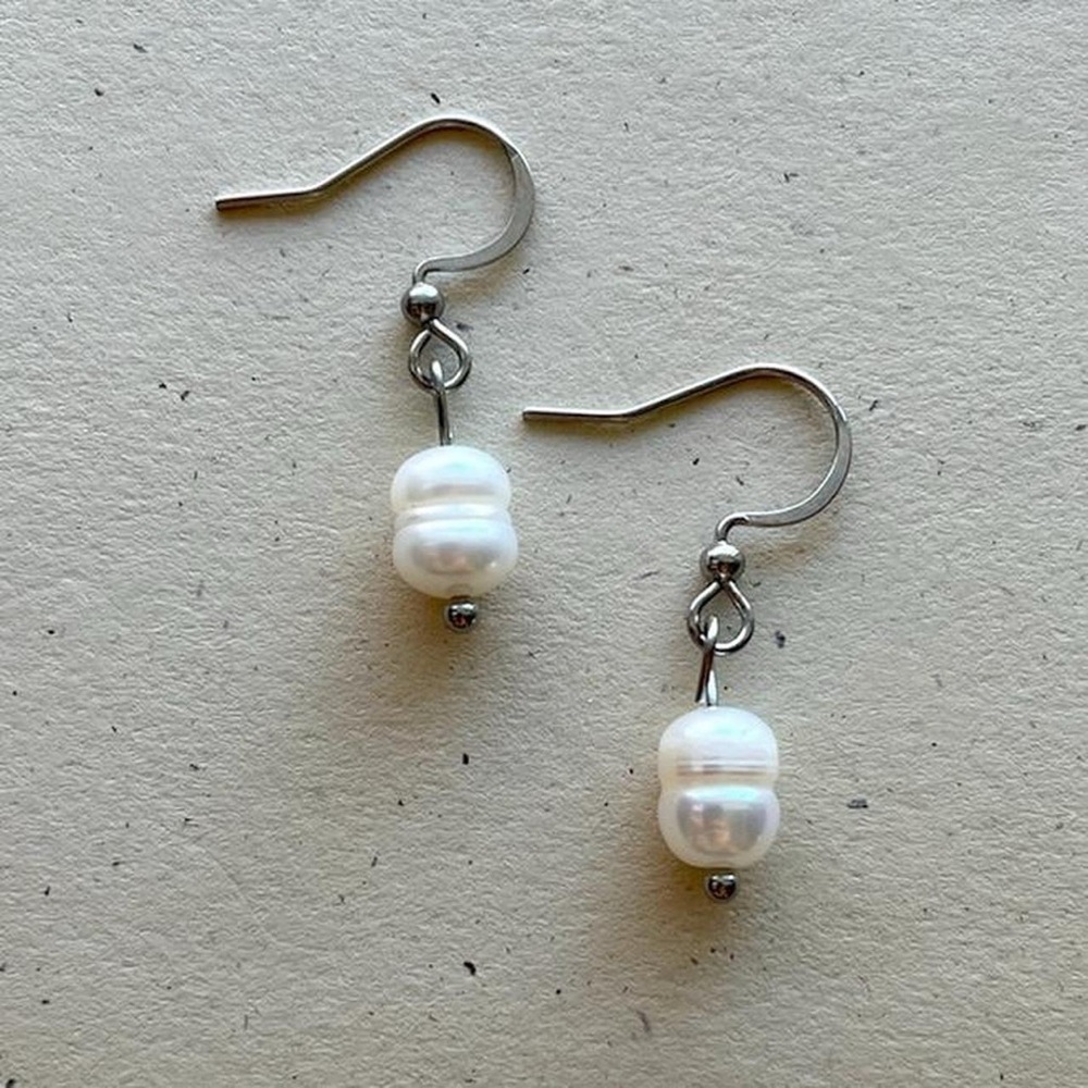 Silver Freshwater White Pearl Dangle Earrings